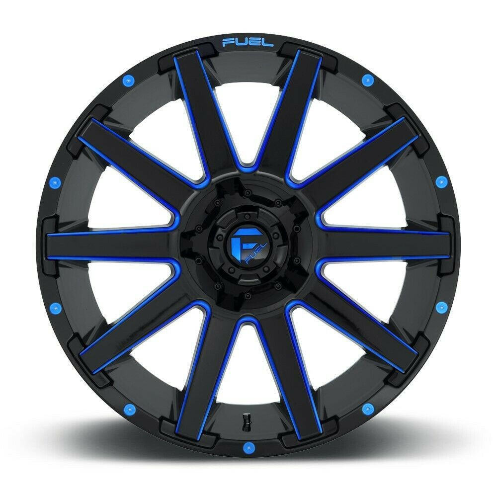 Set 4 20" Fuel D644 Contra 20x9 6x135 6x5.5 20mm Black Blue Tinted Clear Wheels