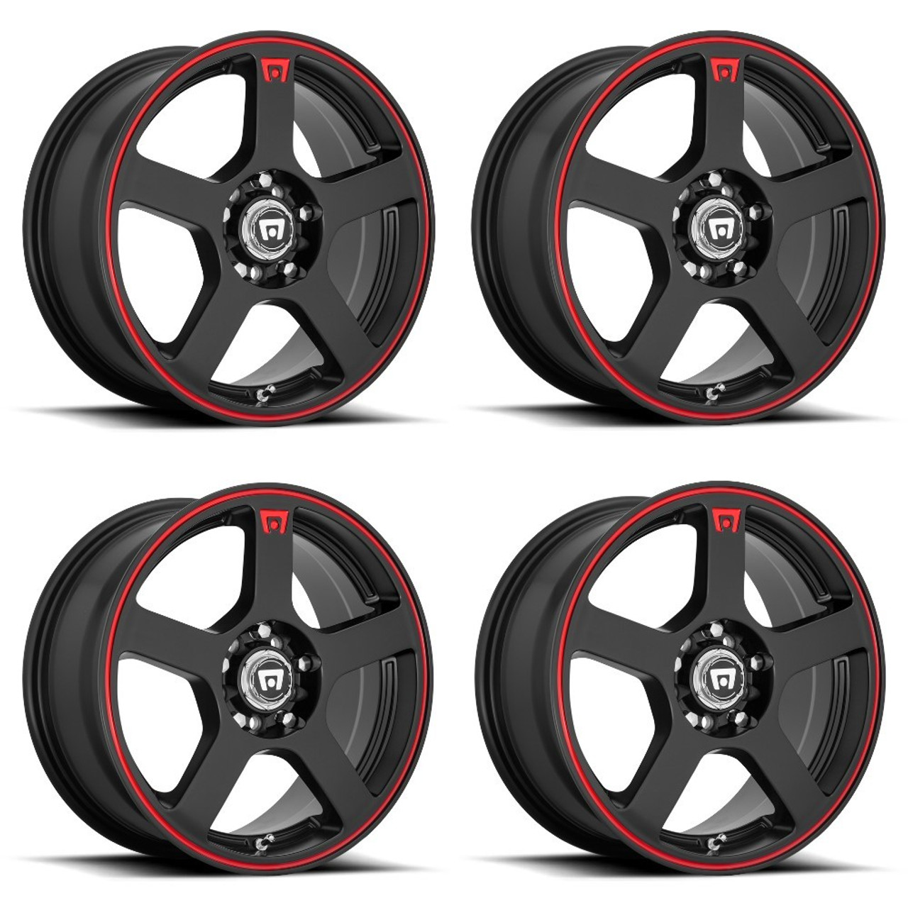 Set 4 Motegi MR116 FS5 18x8 5x4.25 5x4.5 Black Red Racing Stripe Wheels 18" 45mm