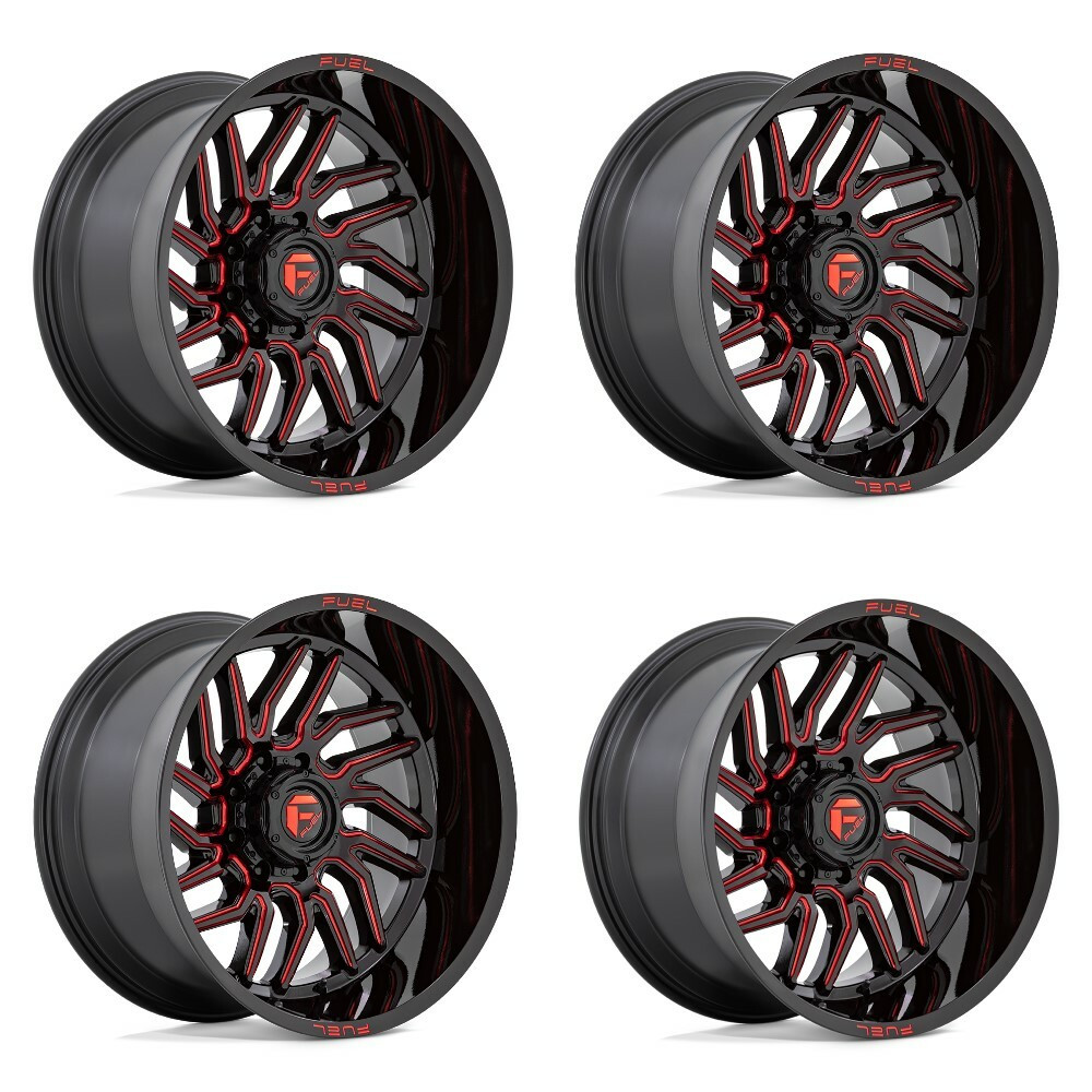 Set 4 20" Fuel D808 Hurricane 20x9 8x180 1mm Black Milled Red Tint Truck Wheels