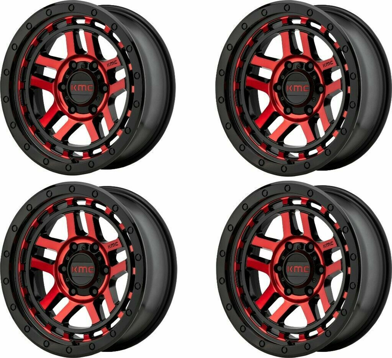 Set 4 KMC KM540 Recon 17x9 5x5 Gloss Black Machined Red Tint Wheels 17" -12mm