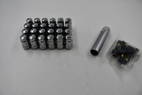 Set 24 1/2" x20 Spline Tuner Lug Nut Kit 1.4" Long Chrome Lugs Key 4 Valve Stems