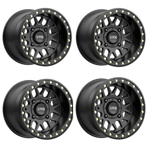 Set 4 KMC Powersports Ks235 Grenade Beadlock 15x10 4x156 Satin Black 15" 0mm Rim