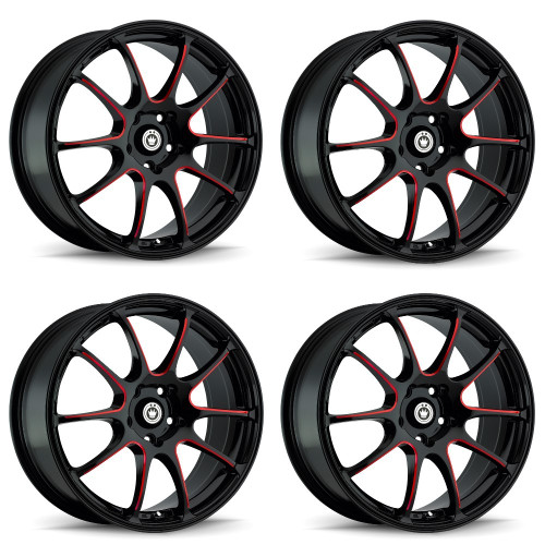 Set 4 17" Konig 24BR Illusion gloss black with red spoke accents 17x7 Wheels 5x4.50 +40mm