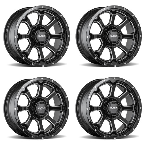 Set 4 18" Ultra 219BM Nemesis 18x9 5x5/5.5 Gloss Black CNC Milled Wheels 12mm