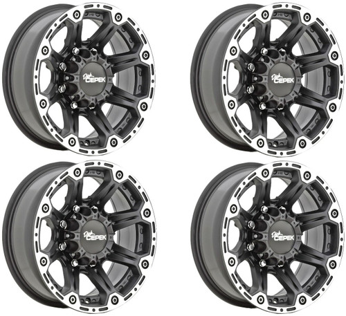 Set 4 16" Dick Cepek Torque flat black with machined outer lip and satin clear coat 16x8 Wheels 8x6.50 +00mm