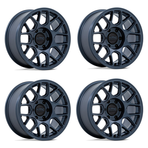 Set 4 17" KMC KM730 Hatchet Metallic Blue 17x8.5 Wheels 5x5 25mm For Jeep Rims