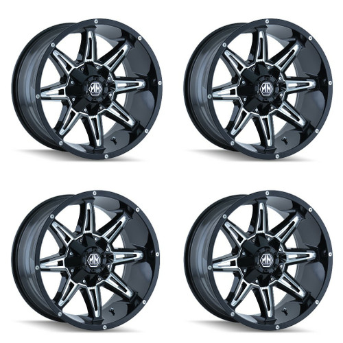 Set 4 18" Mayhem Rampage Gloss Black Milled 18x9 Wheels 8x170 Lifted Rims -12mm