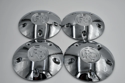 Set of 4 chrome RO center caps for 5x4.5 5x4.75 and 5x5 wheels with 12mm x 1.25 lug hardware for Nissan Subaru and Infiniti applications.
