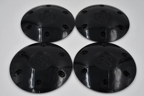 Set of 4 black RO center caps for 6x5.5 wheels with 12mm x 1.25 lug hardware for Toyota Tacoma and Nissan Frontier truck applications.