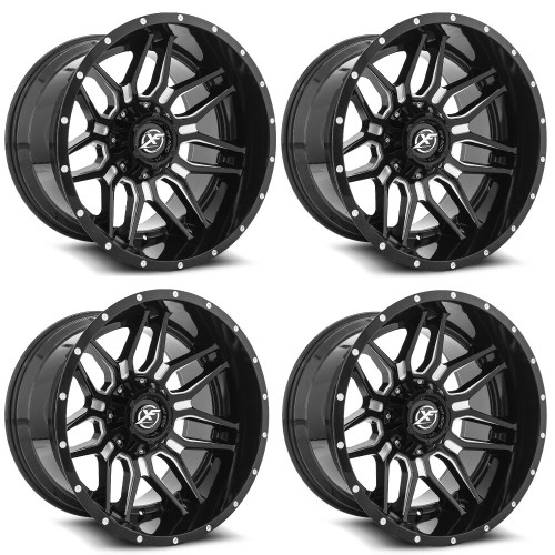 Set 4 20" XF Off-Road XF-222 Gloss Black & Milled 20x10 Wheels 8x6.5 8x180 -12mm
