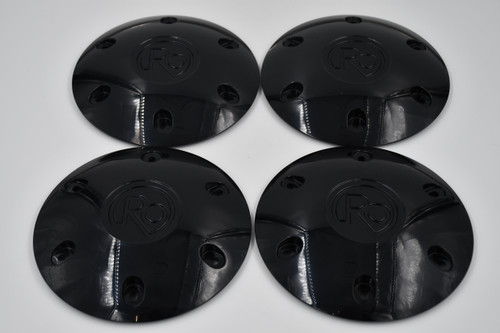 Set of 4 black RO center caps for 6x135 wheels with 14mm x 2.0 lug hardware for Ford F150 and Expedition truck applications.