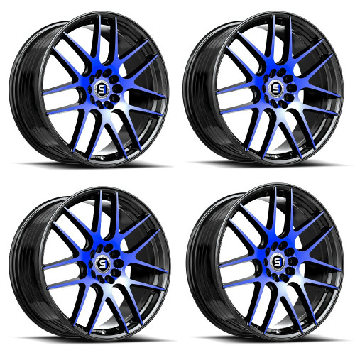 Set 4 20" Spec-1 SP-65 Gloss Black & Blue Machined 20x8.5 5x100 5x4.5 38mm Rims