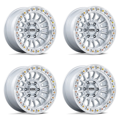 Set 4 18" KMC KM552 IMS Gloss Silver W/ Machined Face 18x9 Wheels 8x170 0mm Rims Offroad Truck Wheels