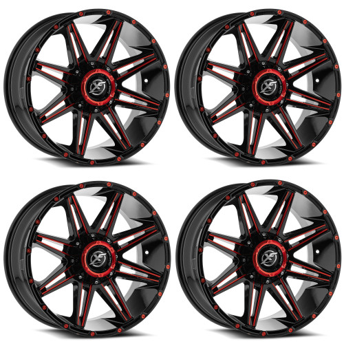 Set 4 20" XF Off-Road XF-220 Gloss Black & Red Milled 20x9 Wheels 8x6.5 8x180 12mm Rims