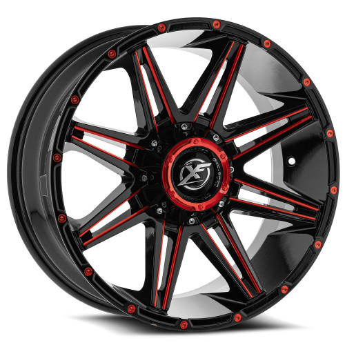 Set 4 20" XF Off-Road XF-220 Gloss Black & Red Milled 20x9 Wheels 8x6.5 8x180 12mm Rims
