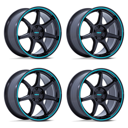 Set 4 18" Rotiform RC208 BPU 18x9.5 5x4.5 38mm Gloss Black Teal Stripe Wheels