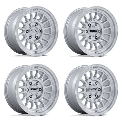 Set 4 18" KMC KM733 Impact FFT 18x9 6x135 0mm Gloss Silver Machined Face Wheels Offroad Truck SUV Rims