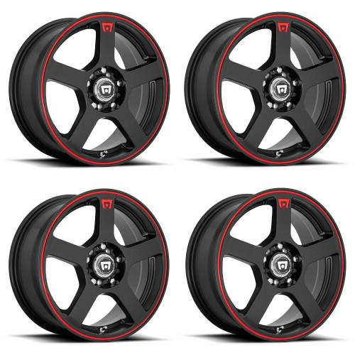 Set 4 Motegi MR116 FS5x6.5 5x100 5x4.5 Black Red Racing Stripe Wheels" 40mm