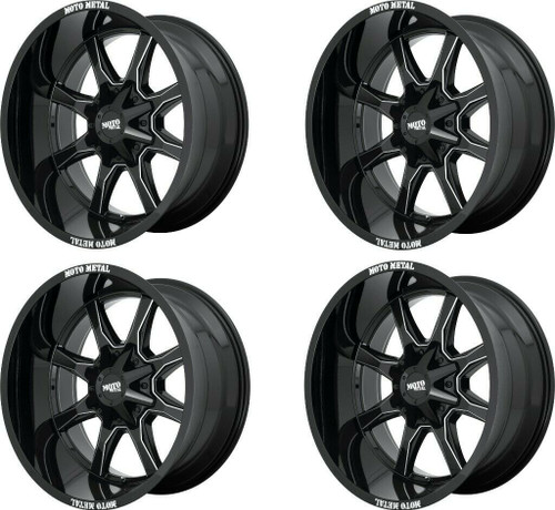 Set 4 20x10 5x5.5 5x150 Black Milled Spoke Logo On Wheels Moto Metal MO970 -18mm