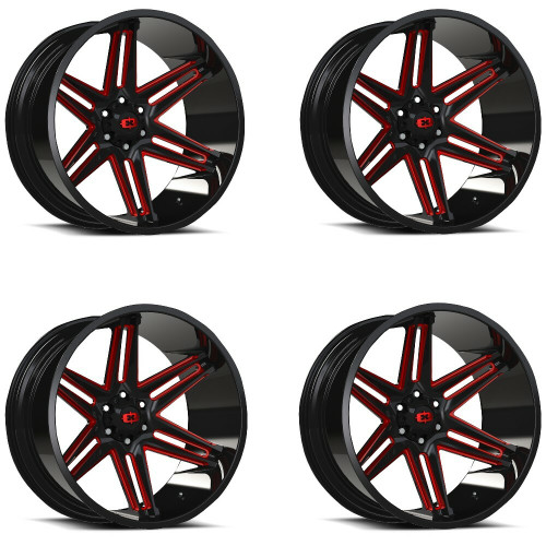 Set 4 24" Vision 363 Razor Black Milled Spoke Red Tint Wheels 24x12 6x135 -51mm