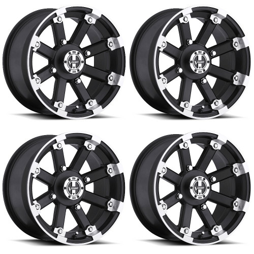 Set 4 12" Vision ATV 393 Lockout Black Machined Lip Wheels 12x8 4x110 -10.2mm