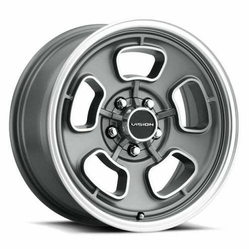 Set 4 15" Vision Muscle 148 Shift Satin Grey Machined Face/Lip 15x5.5 5x4.75 7mm