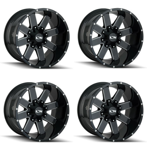 Set 4 20" Ion 141 20x10 Gloss Black Milled 8x180 -19mm Lifted For Chevy GMC Rims