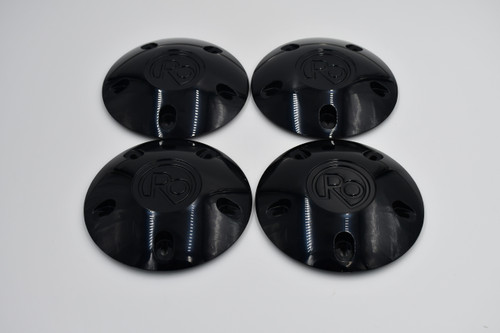 Set of 4 black RO center caps for 5x4.5 5x4.75 and 5x5 wheels with 1/2 inch lug hardware for classic car and muscle car applications.