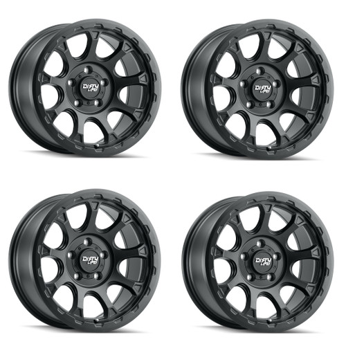 Set 4 17" Dirty Life Drifter 17x8.5 Matte Black W Simulated Ring 5x5 Wheels -6mm