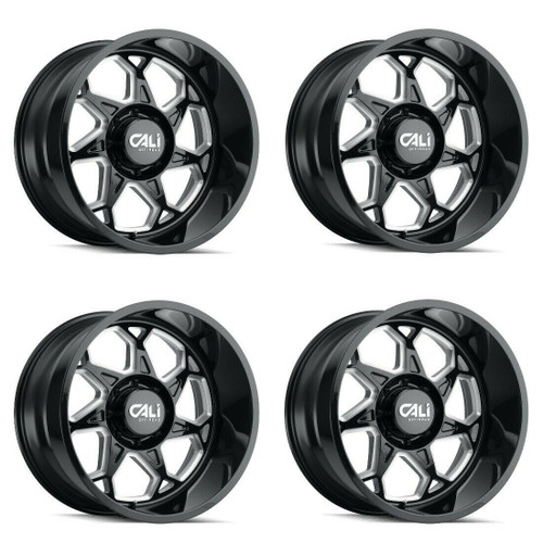 Set 4 20" Cali Off-Road Sevenfold 20x10 Gloss Black Milled Spokes 5x5 -25mm Rims