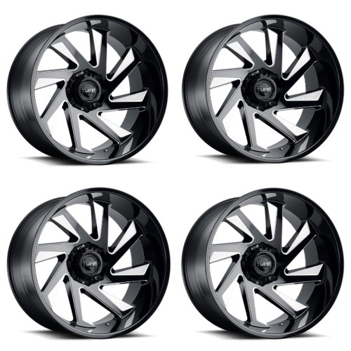 Set 4 26" Tuff T1B Gloss Black Milled Spokes 26x14 8x6.5 Wheels -72mm Lifted Rim