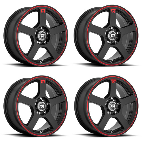 Set 4 Motegi MR116 FS5 18x8 5x4.25 5x4.5 Black Red Racing Stripe Wheels 18" 45mm
