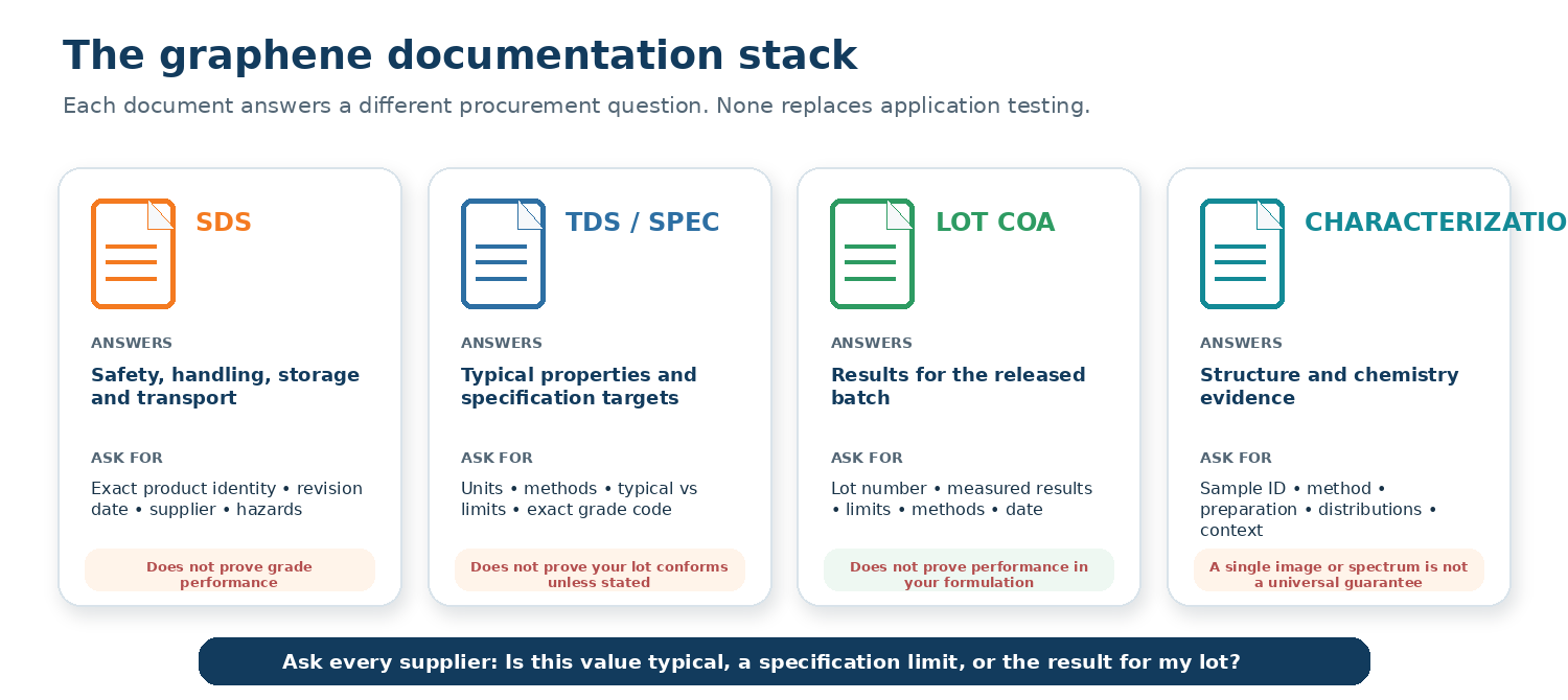 Graphene documentation stack showing SDS, TDS, COA and characterization evidence