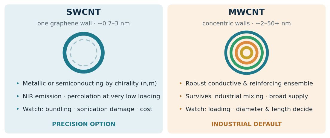 Side-by-side comparison cards of SWCNT and MWCNT structure and properties