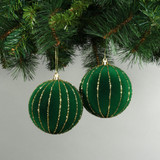 10cm Green Velvet Baubles with Glitter Trim (Set of 4)