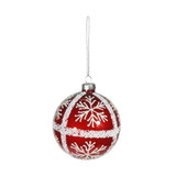 Red Glass Bauble with White Glitter Snowflakes (Dia8cm)