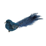 Peacock Blue Velvet Bird with Glitter and Clip (20cm) 