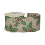 Natural with Green Holly & Berries Ribbon (63mm x 10yds)