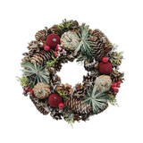 Natural Wreath with Pine Cones & Flocked Red Baubles (30cm)