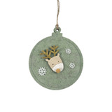 Sage Green Flat Felt Bauble with Wooden Reindeer