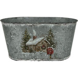 Snowy Christmas Cottage Oval Silver Zinc Planter