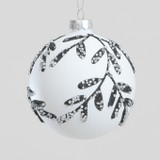 White & Silver Delicate Leaf Pattern Glass Bauble (8cm)