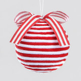 Red & White Stripy Fabric Bauble with Bow (12cm)