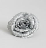 Silver Glittered Rose Head with Clip (18cm)