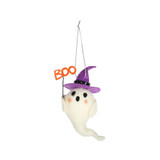 White Felt Ghost with Witches Hat Hanging Decoration (11cm H)