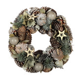 Natural Gold & Green Wreath with Pine Cones & Wooden Stars (30cm Dia)