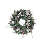 White, Green & Silver Frosty Wreath with Pine Cones & Baubles (61cm)