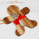 Acacia Wooden Gingerbread Man Cheeseboard & Knife Red Bow