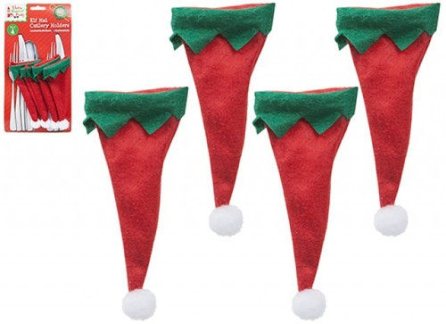 Set Of 4 Elf Christmas Hat Table Cutlery Holders On Backing Card