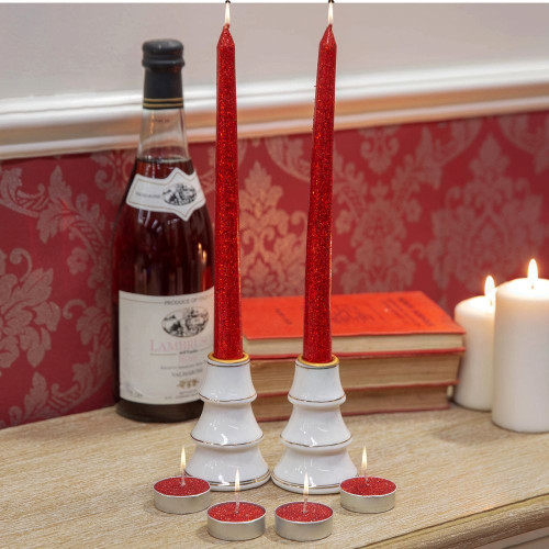 Set of 6 Red Glitter Tealight & Dinner Candles